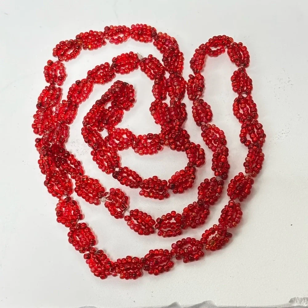 Red Crystal Pageant Drop Earrings with Matching Bead Necklace